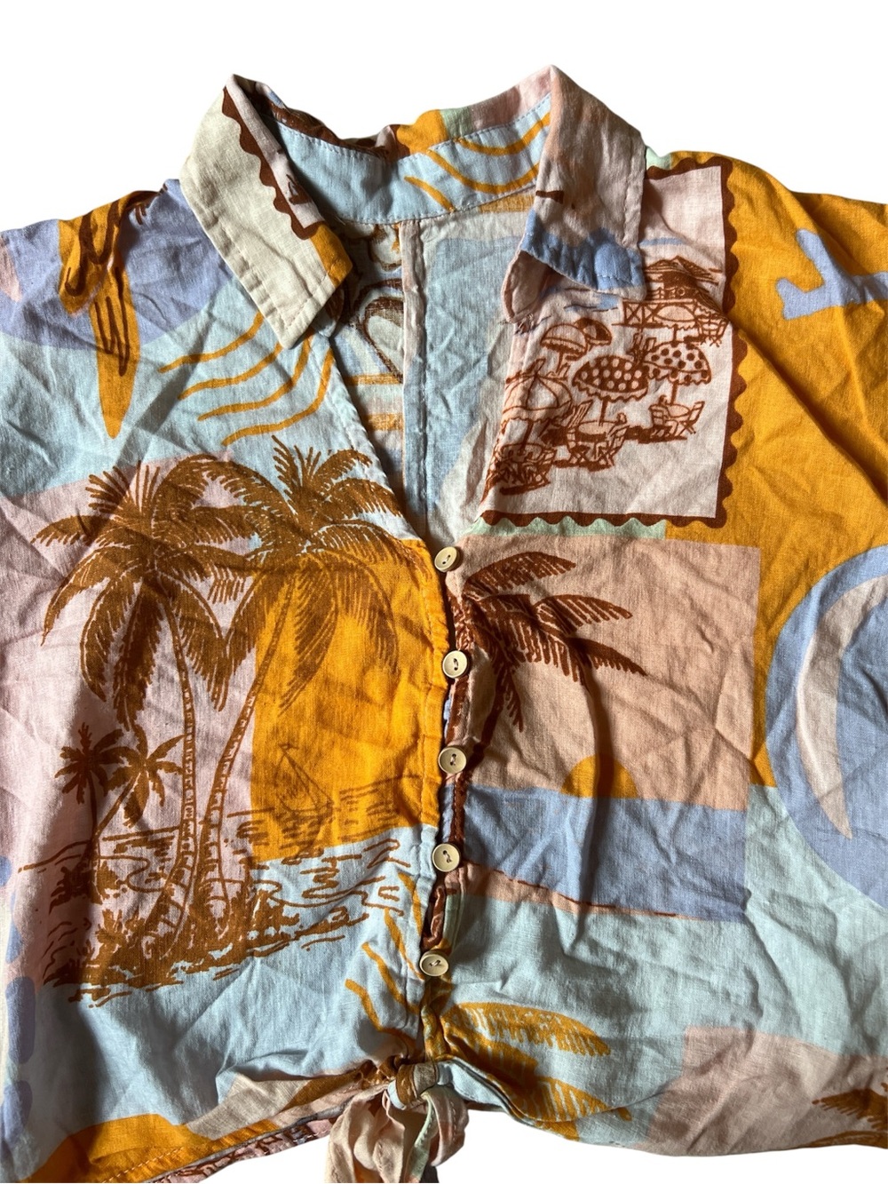 Tropical Linen/Rayon Print Cropped Oversized Top